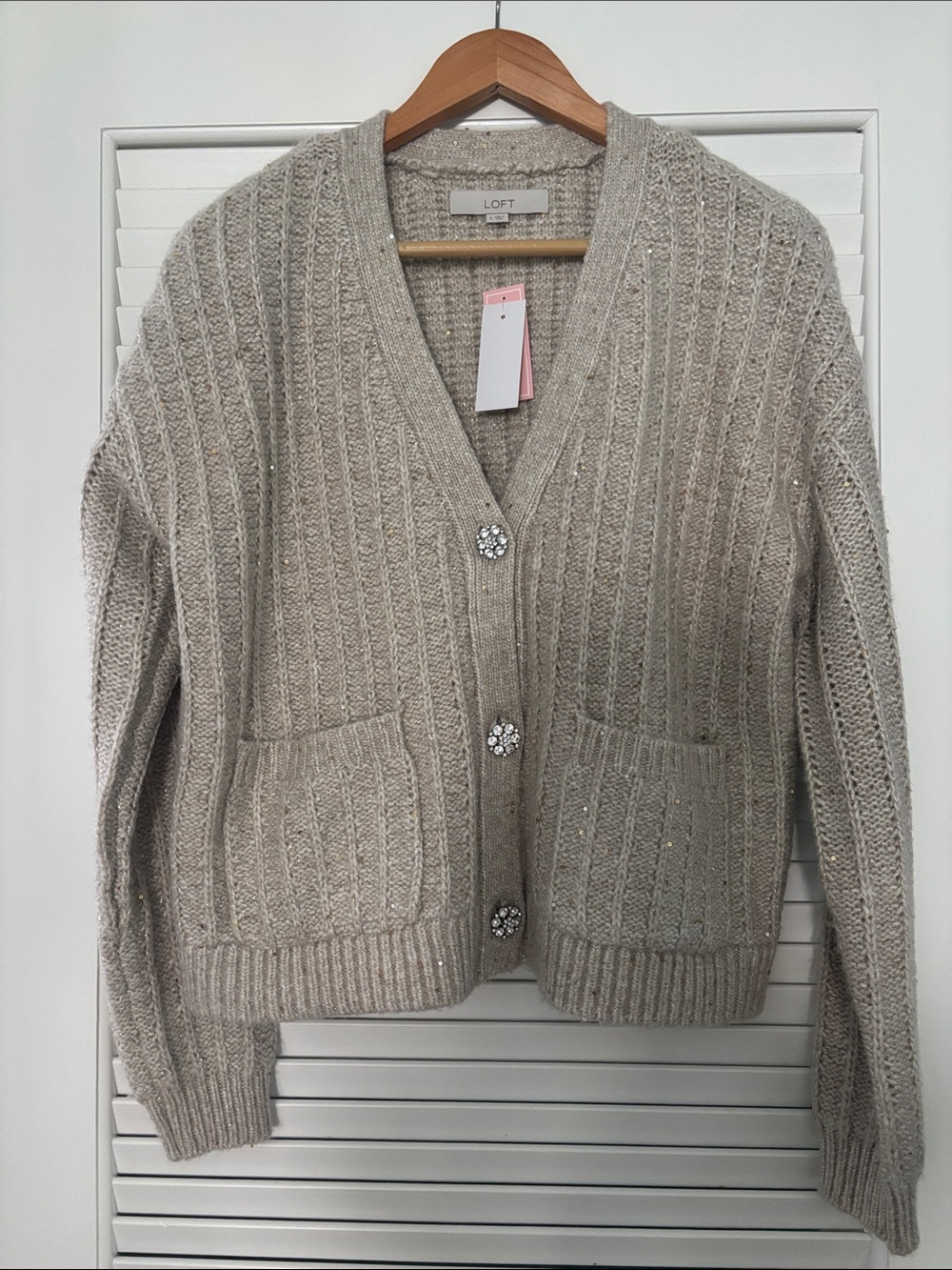 LOFT Sparkle Knit Beige Button Cardigan